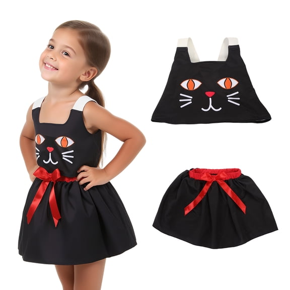 Kids Black Cat Costume Set Sleeveless Top Design For Girls Halloween Dress Up