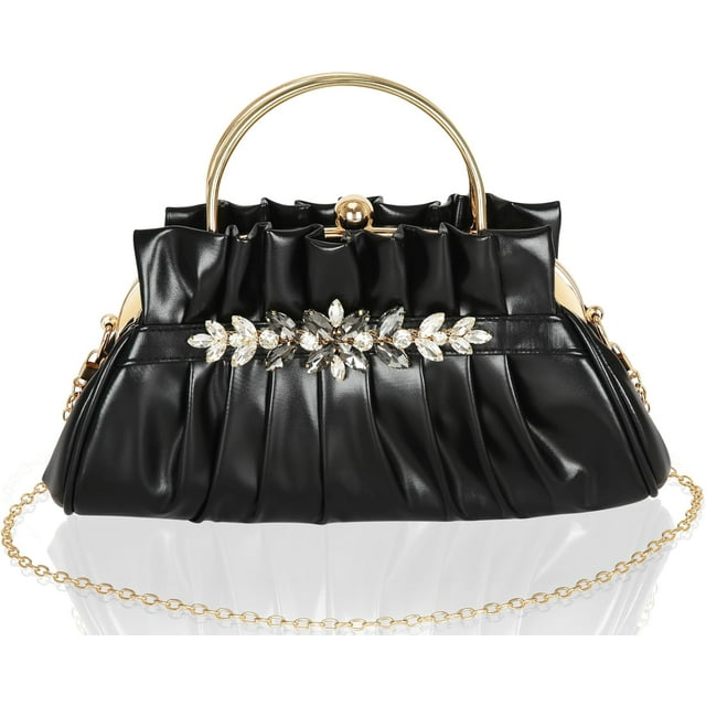 Crystal Rhinestone Evening Bags Women's Pleated Clutch Purses Vintage Leather Handbags