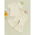 thumbnail image 3 of Musuos Toddler Girl Summer Outfits 1-5T Short Sleeve Ribbed Knit Tops T-Shirts Solid Color Elastic Waist Flare Pants 2Pcs Clothes Set, 3 of 10