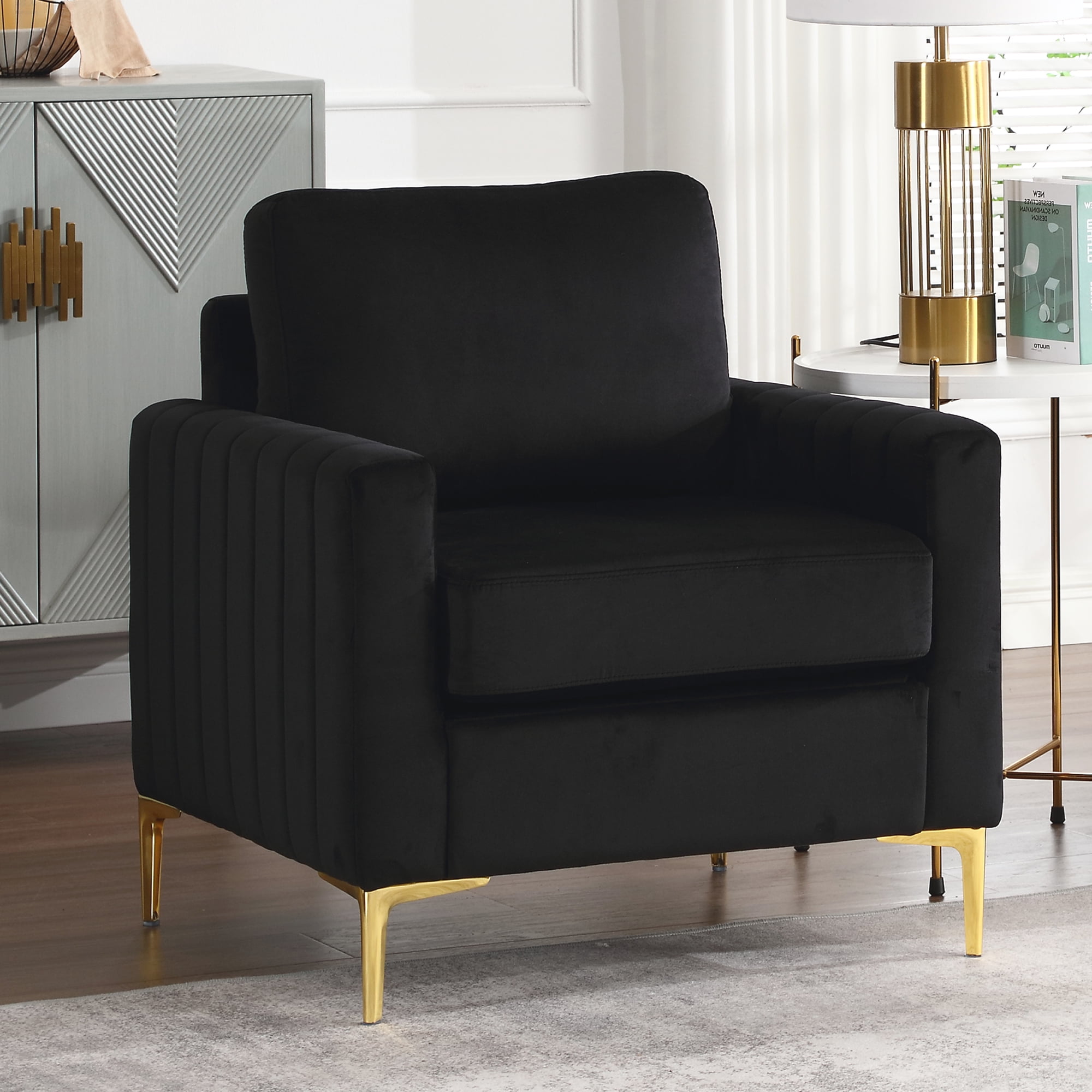 Muumblus Velvet 3 Piece Modern Living Room Furniture Sofa Set, Black