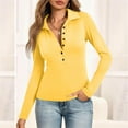 thumbnail image 5 of WTOBBY Women's Casual Solid Color V Neck Button Down Collar Long Sleeve Polo Shirt, Classic Preppy Style Top, Comfortable Stretch Blouse,Yellow L, 5 of 6