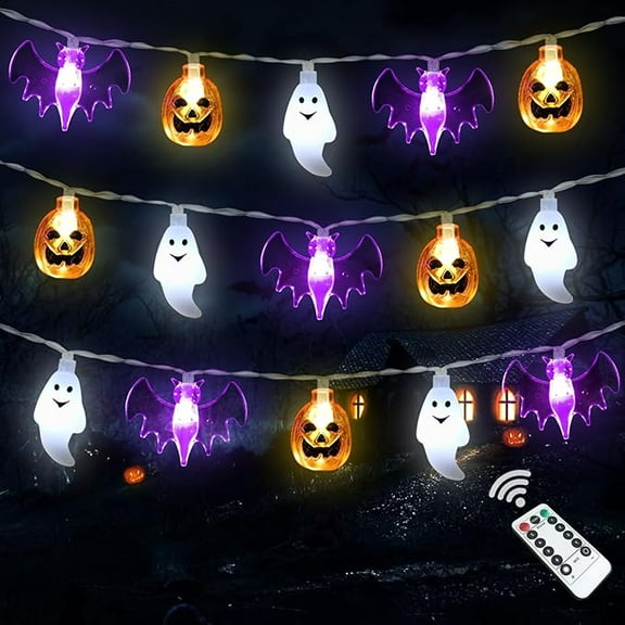 Halloween Lights Decorations, 16 FT 30 LED Waterproof 3D Pumpkin Bat Ghost Battery Operated String Lights with Timer, 8 Lighting Modes Fairy Light for Home Window Indoor Outdoor Halloween Party Decor