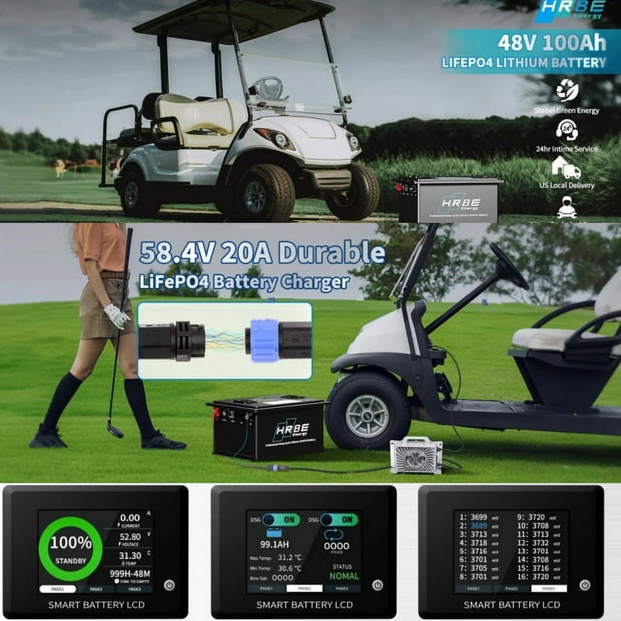 48V 100Ah Lithium Golf Cart Battery, 200A BMS with Touch Monitor, HRBEENERGY 8000+ Cycles Lifepo4 Club Car Battery