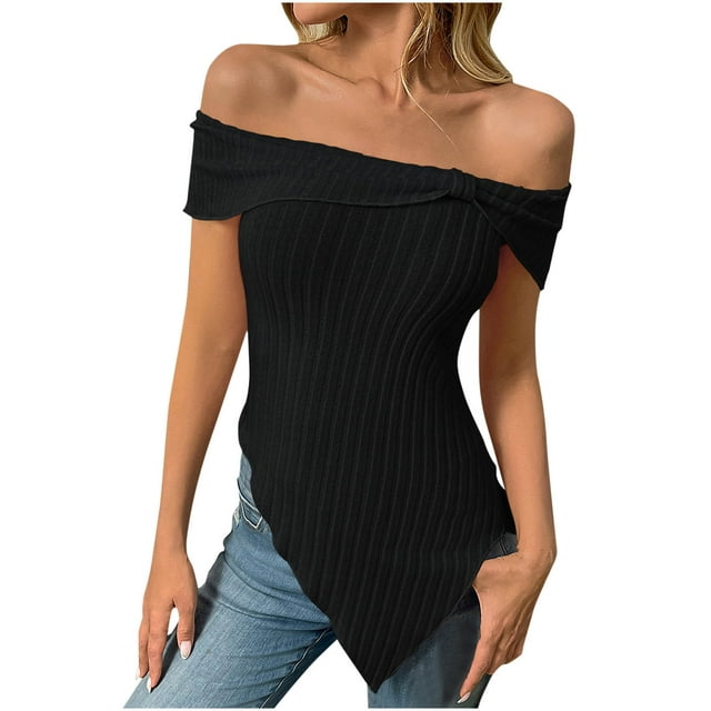 Chbgutlmr Tops for Women Trendy Off The Shoulder Slim Fitted Knot Ribbed Irregularly Giong out Tops Summer