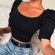 thumbnail image 3 of Camiseta informal con manga abombada y cuello redondo para mujer, camiseta ajustada acanalada de Color puro, Top negro M, 3 of 7