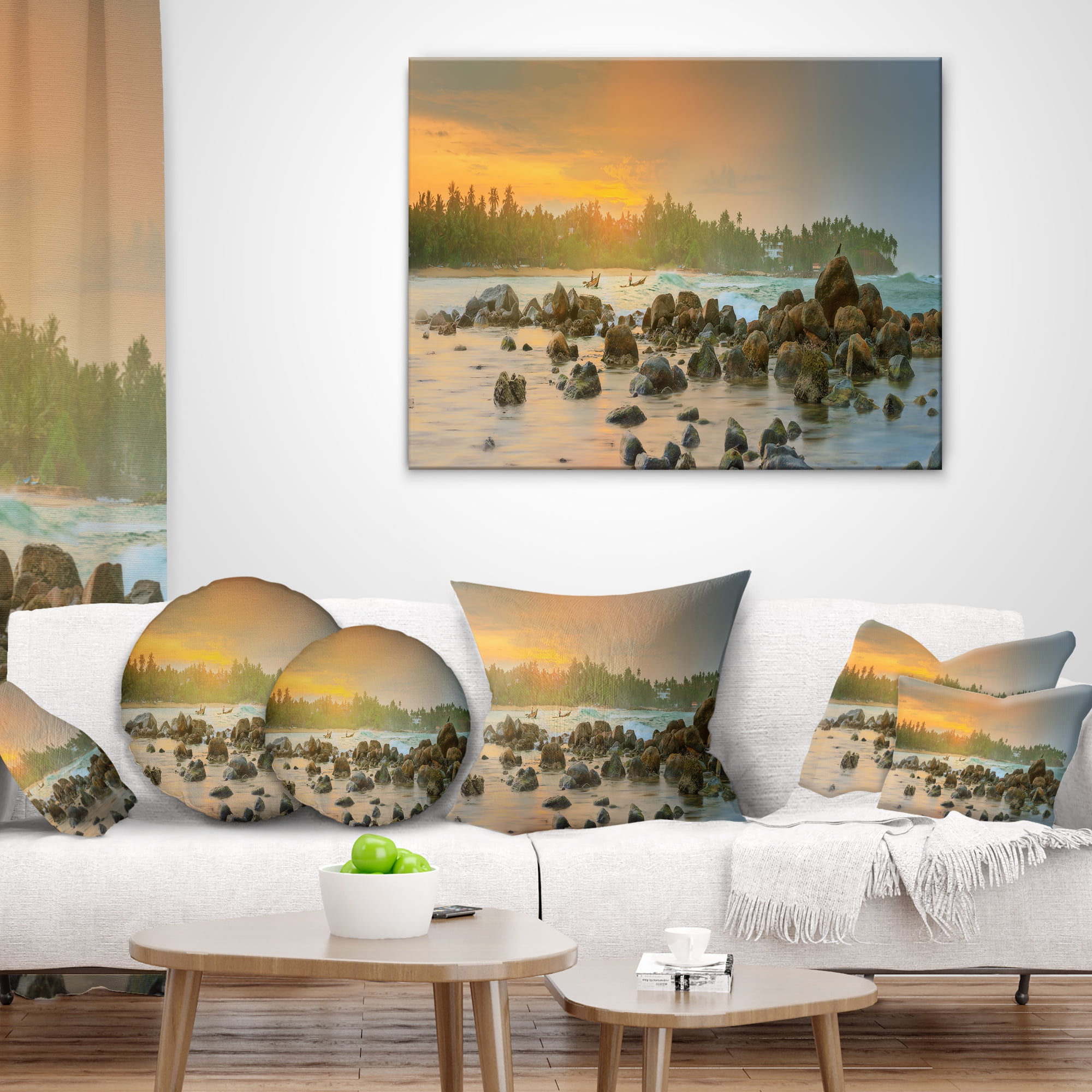 Designart Rocky Romantic Beach of Sri Lanka - Landscape Printed Throw Pillow - 16x16