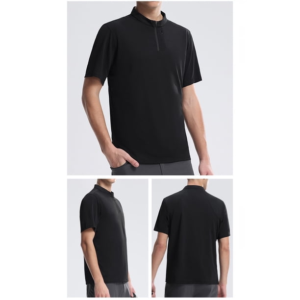 Blusa y camisa de manga corta con cuello alto para hombre, cuello alto, media cremallera, para fitness y ocio, deportiva, color liso, manga corta, blusas de poliéster para hombre
