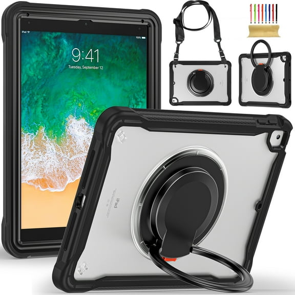 Silicone Case for iPad 5th Gen 9.7" 2017/iPad 6th Gen 9.7" 2018, Heavy Duty 360° Ring Stand with Shoulder Strap Pen Holder Translucent Hard PC Back Case Cover for iPad 5th/6th, Black