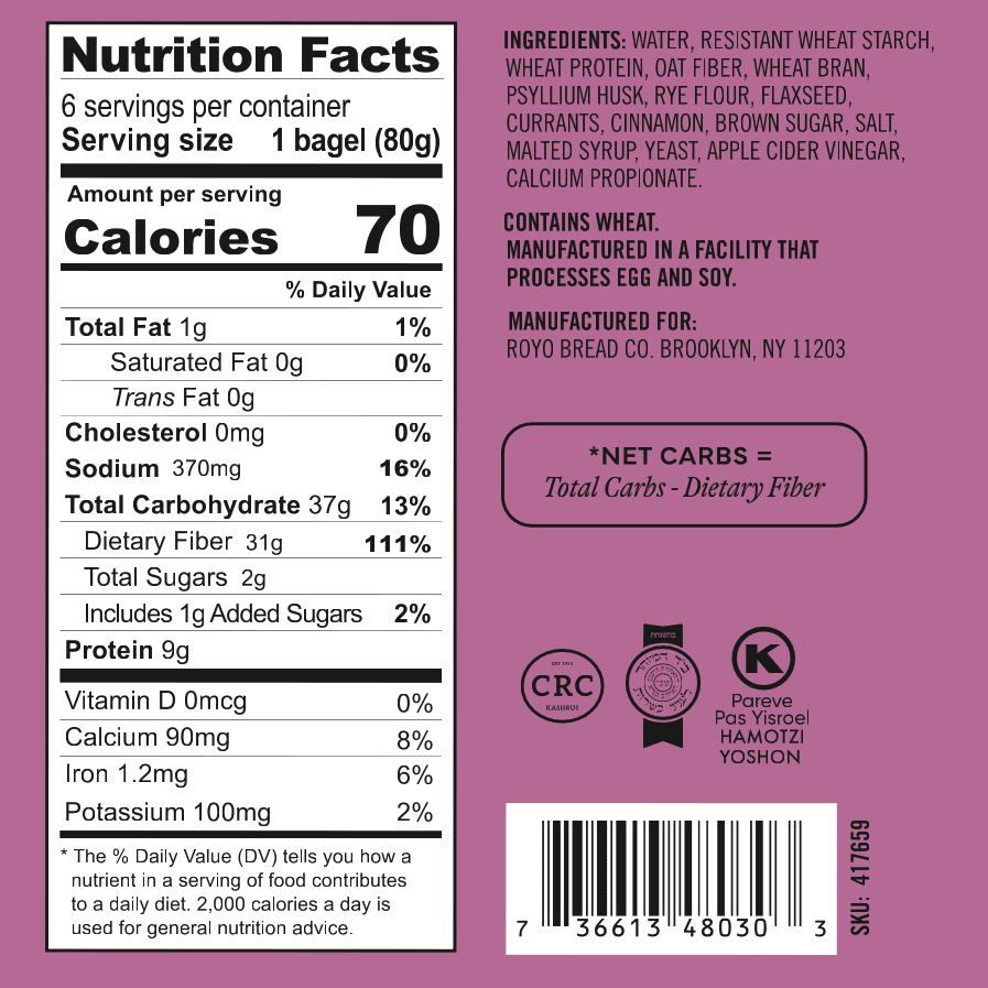 Royo Bread Co Low Carb New York Bagels (6 Bagels) Flavor: Cinnamon Raisin