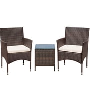 Lacoo 3 Pieces Outdoor Patio Furniture Gray PE Rattan Wicker Table and Chairs Sets Bar Set with Cushioned Tempered Glass , Brown/ Beige