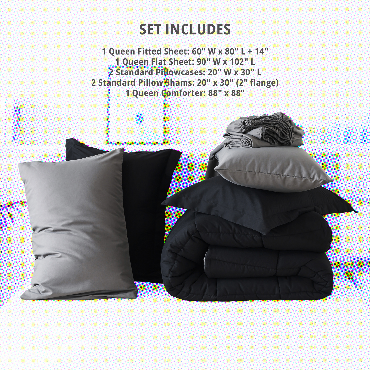 IGI Queen Size 7-Piece Reversible Comforter Set, Black/Gray photo 6