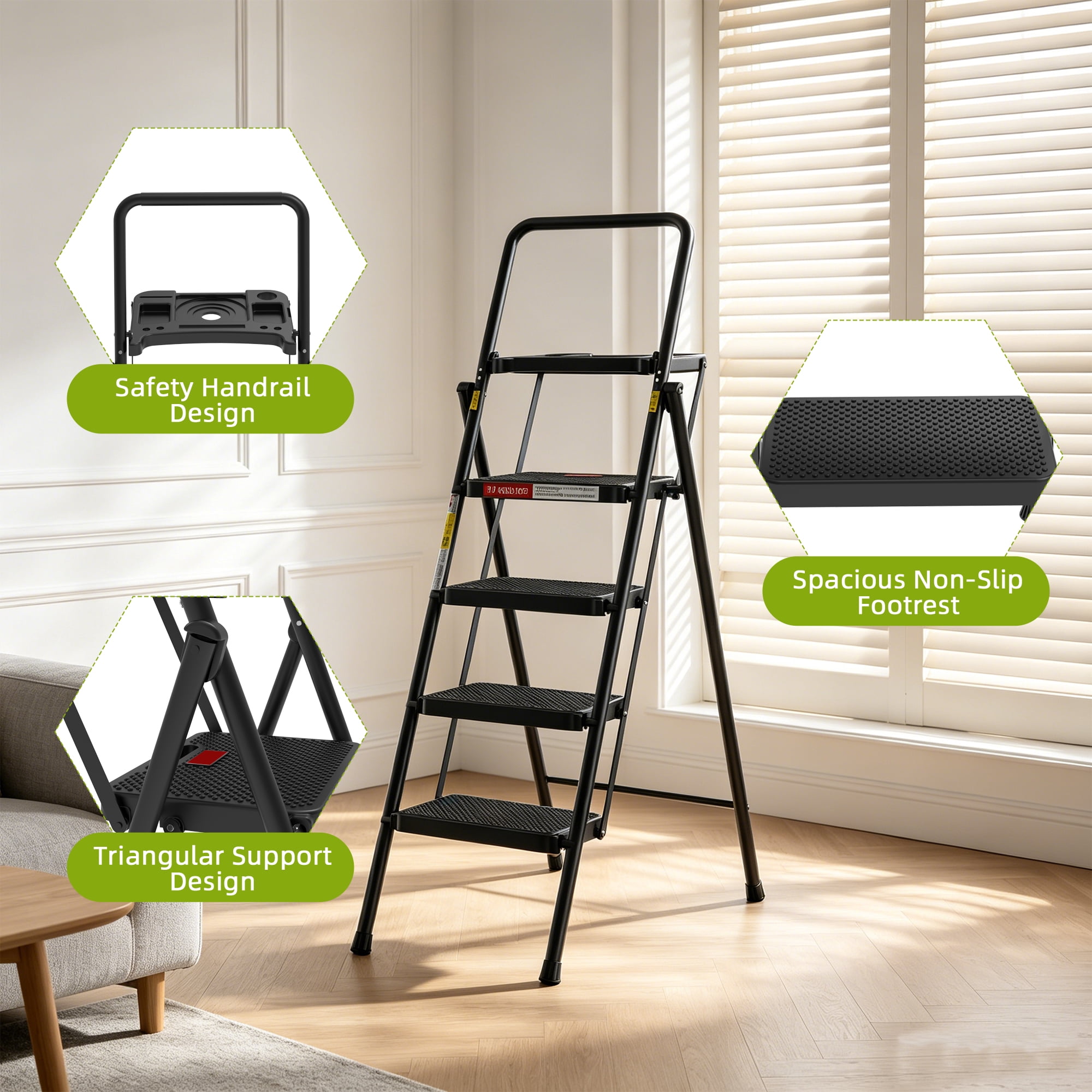 LevLad 4 Step Ladder with Tool Tray, Folding Step Stool, Wide Anti-Slip Pedal and Anti-Slip Feet, Steel Ladder for Home Improvement, Black