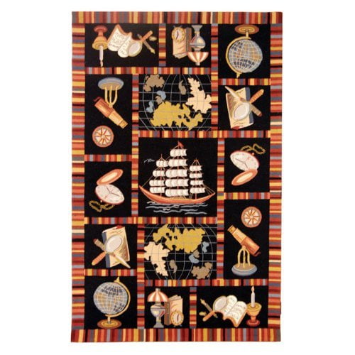 Sailing Ship Rug in Black with Multi Border (2 ft. 6 in. x 4 ft. Runner