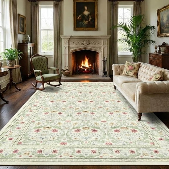 9x12 FT Vintage Area Rug Washable Non Slip Low Pile Living Room Rug Beige