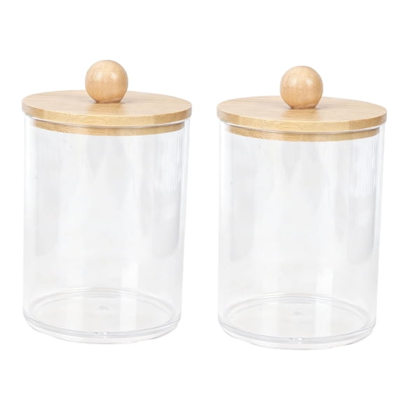 2 Pcs Acrylic Qtip Holders Set, Round Cotton Round Holder with Wood Lid, Clear Bathroom Canisters Jars for Cotton Swabs, Makeup Pads, Floss, 4.5 x 2.8 in / 11.5 x 7 cm
