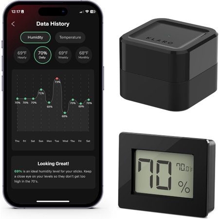 Klaro Valet - Smart Humidity & Temperature Hygrometer Sensor, App Notifications with Guided Seasoning, WiFi Bridge & Digital Display for 24/7 Remote Monitoring - Black Finish (iOS & Android App)