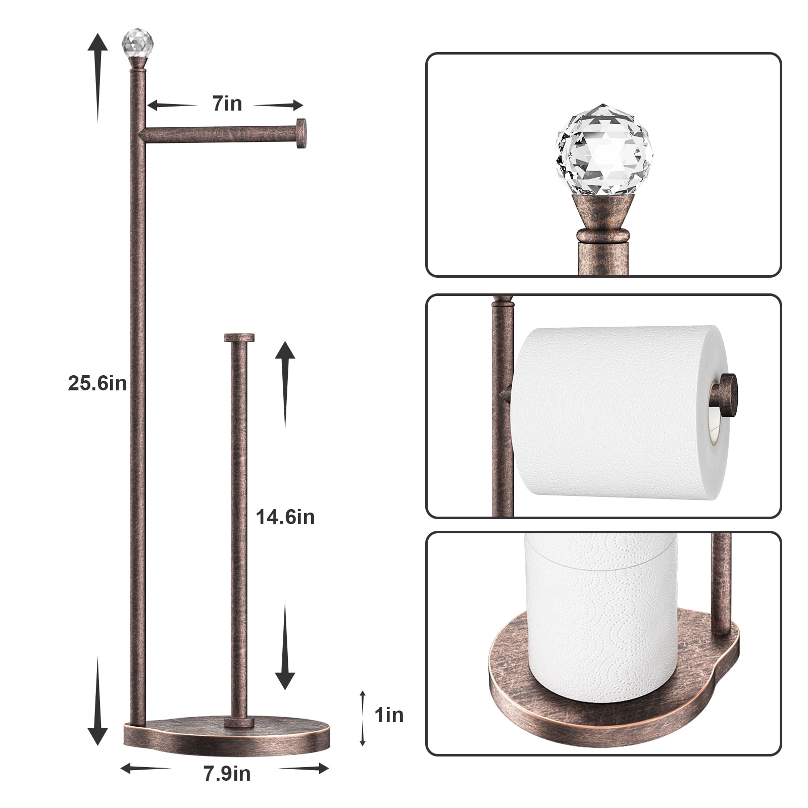 Toilet Paper Holder for Bathroom, Heavy Weighted Metal Free Standing Toilet Paper Storage with Crystal Ball, Toilet Paper Stand for Bathroom Accessories, Oil Rubbed Bronze [Holds MEGA Rolls]