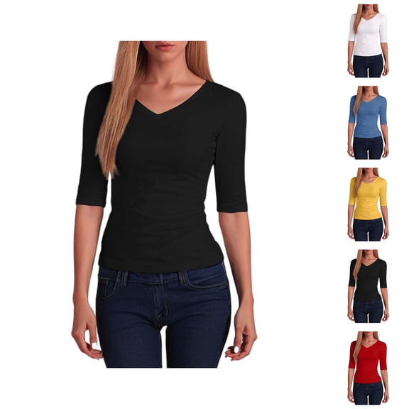 Half Sleeve T Shirts for Women Summer Casual V Neck Slim Fit Plain Basic Tshirts Womens Undershirts