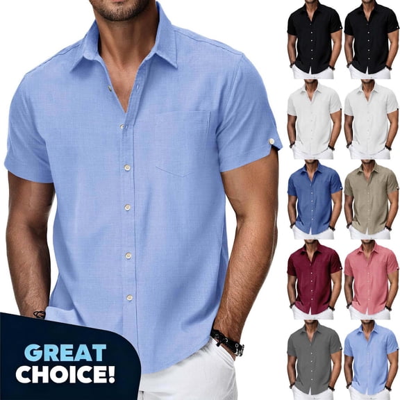 Coorders George Men’s Linen Short Sleeve Button-Down Shirt with Pocket,Mens Casual Beach Shirts ,Big and Tall Light Blue,Size M