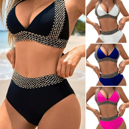 Joernso 2Pcs/Set Women Sexy Bikini Set Halter V-neck Sleeveless Bra High Waist Briefs Set Patchwork Color Backless Swimsuit Bathing Suit