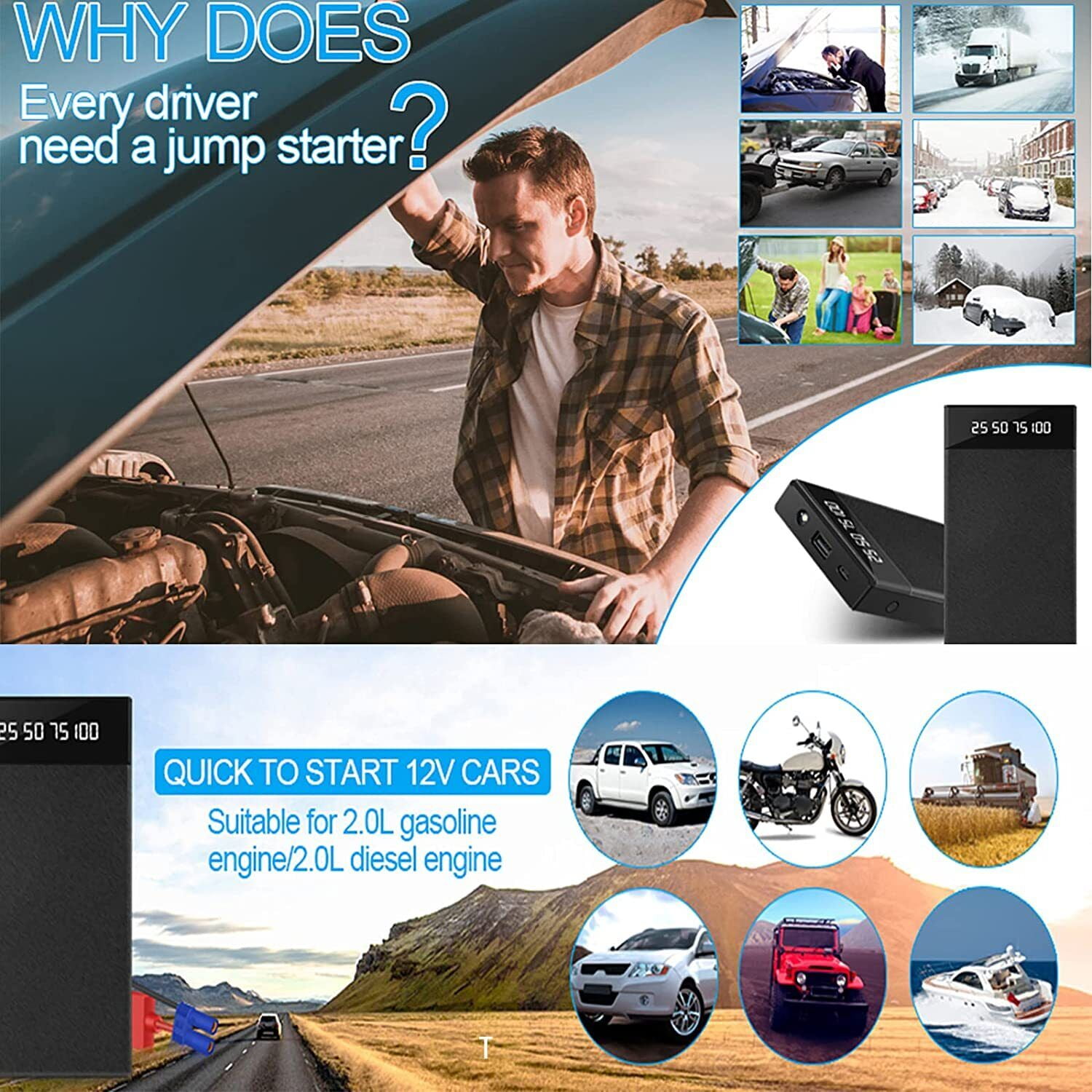 Supsupsiu 20000mAh Car Jump Starter Booster Jumper Box Portable Power Bank Battery Charger
