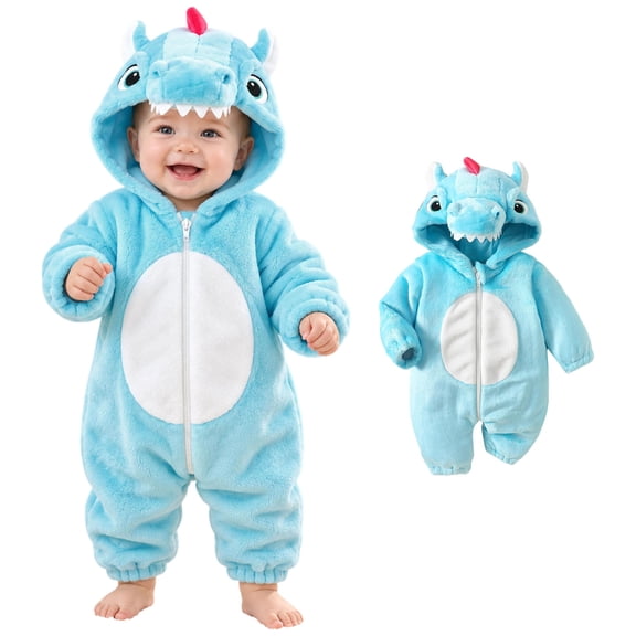 Baby Boys Long Sleeve Hooded Jumpsuit Dinosaur Animal Warm Clothes Halloween Party Clothes Halloween for Kids Girls Size 1-12 Months