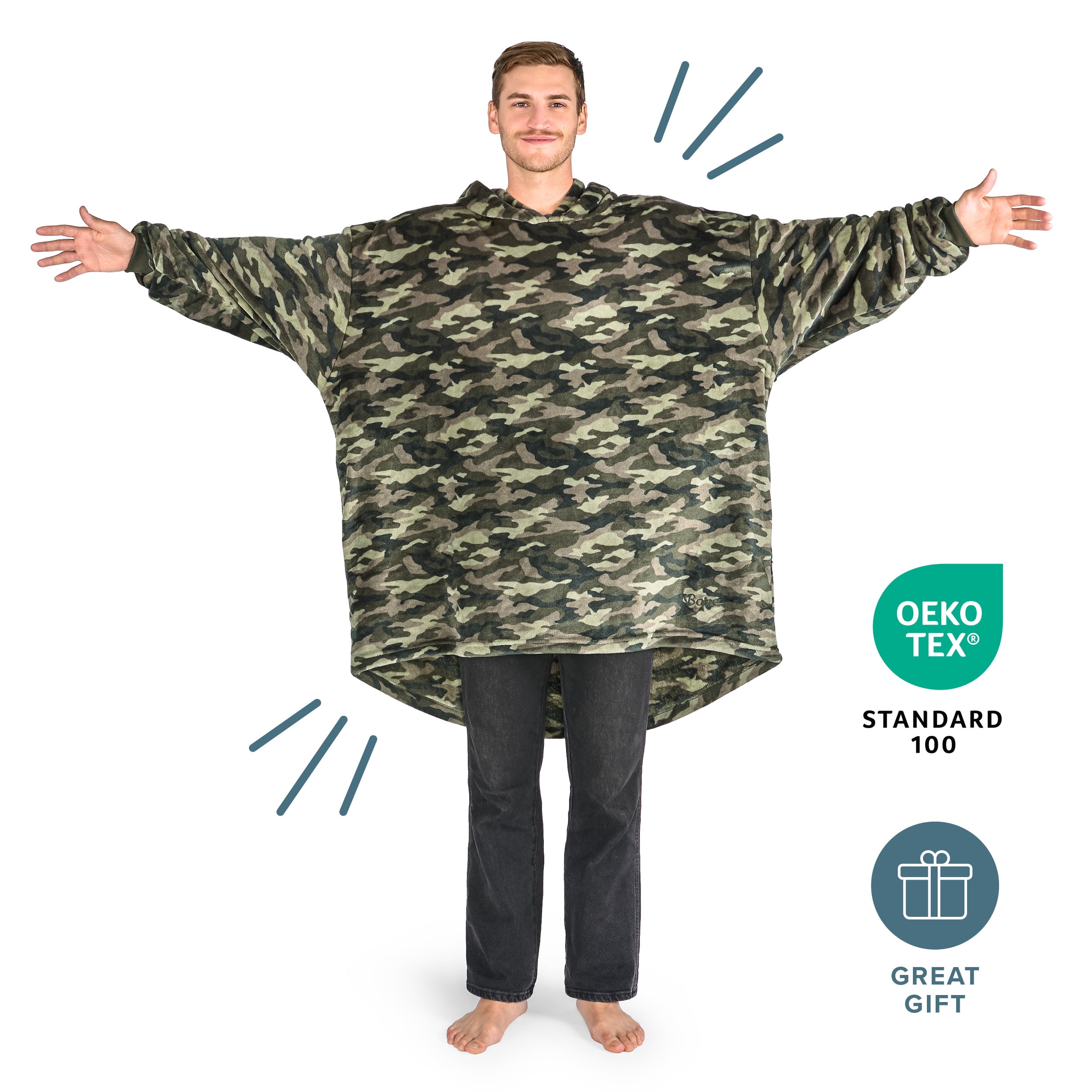 Bare Homey Adult Size Microplush Wearable Blanket - Zipper Side Pockets - Warm - Velvety Soft, Camo - Green