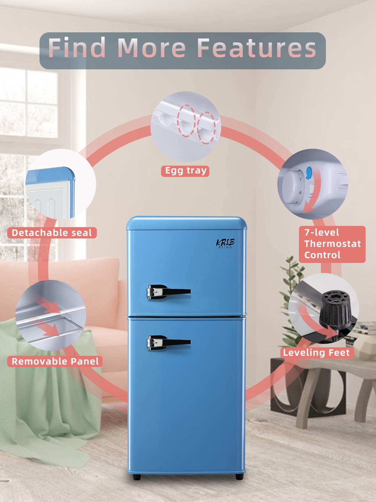 Krib B Compact Refrigerator 3.5 Cu.ft, Mini Fridge with Freezer, Retro Fridge with Dual Door, 7 Grade Temperature Adjustment, Blue