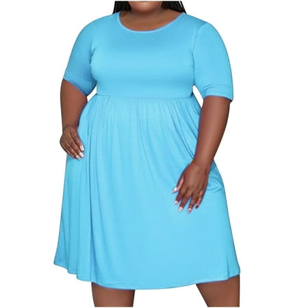

YanHoo Women s Plus Size Dresses High Waist Short Sleeve Round Neck Midi Dress Loose Summer Casual Solid Dress