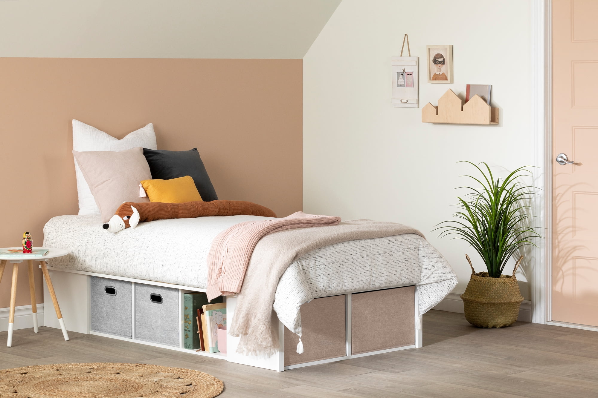 South Shore Flexible Twin Platform Bed with baskets Pure White