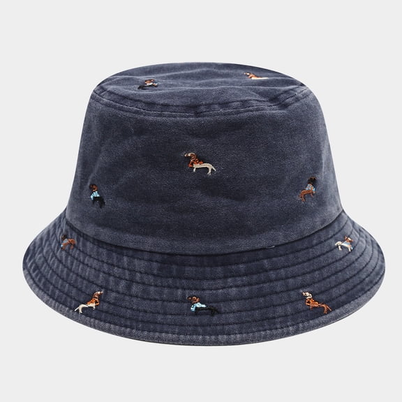 Unisex Washed Cotton Bucket Hat Dog Embroidery Vintage Wide Brim Sun Hat