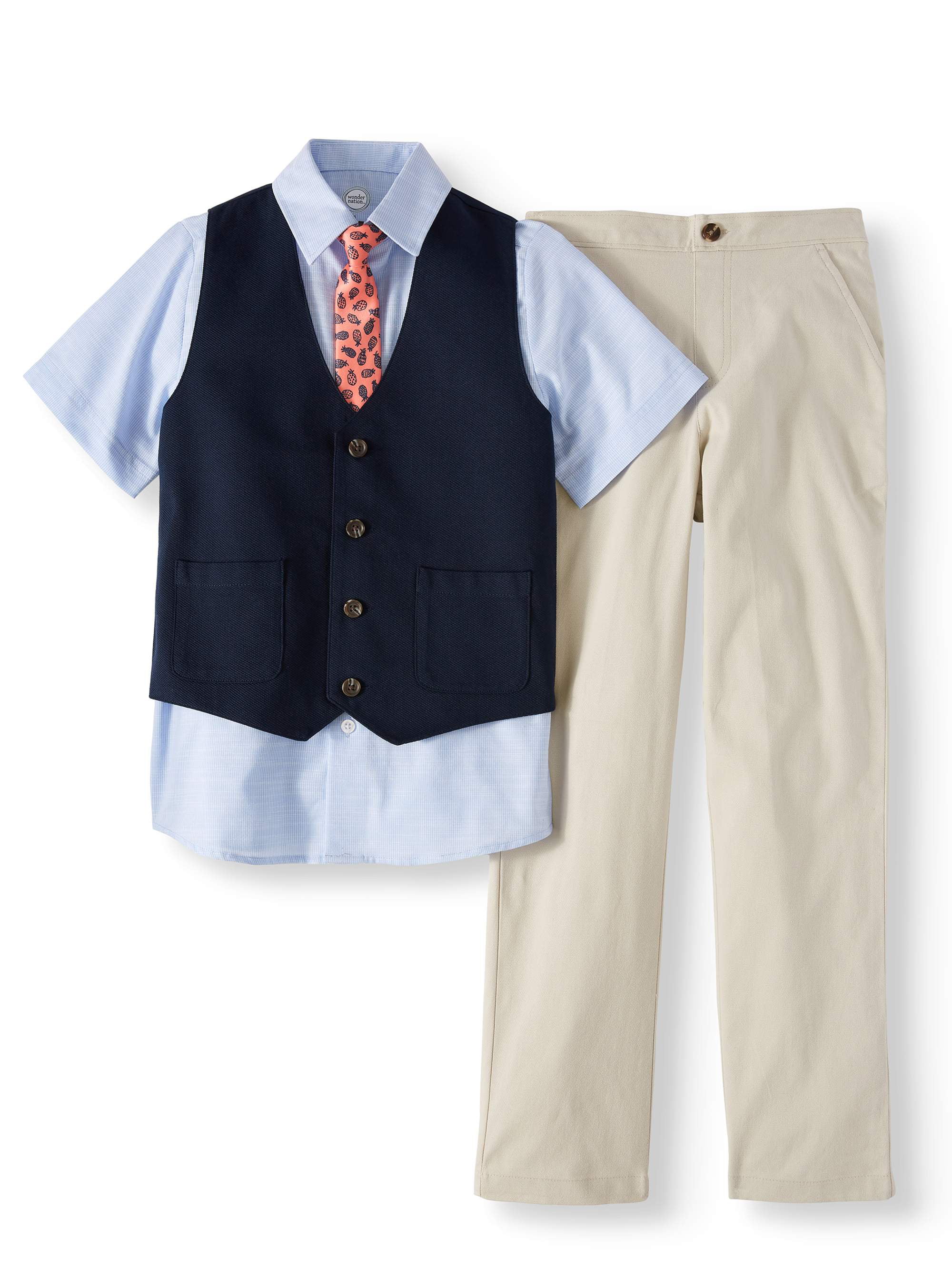 Boy's Black 4 Piece Suit Formal Dressy Vest Set Burgundy Dress Shirt Size 2T-20 