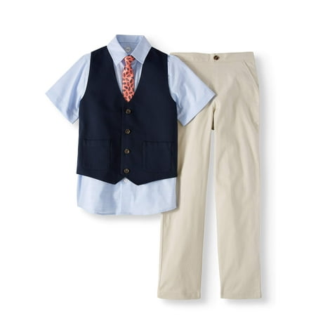 Dressy Vest Set with Blue Slub Stripe Short Sleeve Shirt, Skinny Tie, Mini Pique Vest, and Twill Pull-On Pants, 4-Piece Outfit Set (Little Boys & Big Boys)