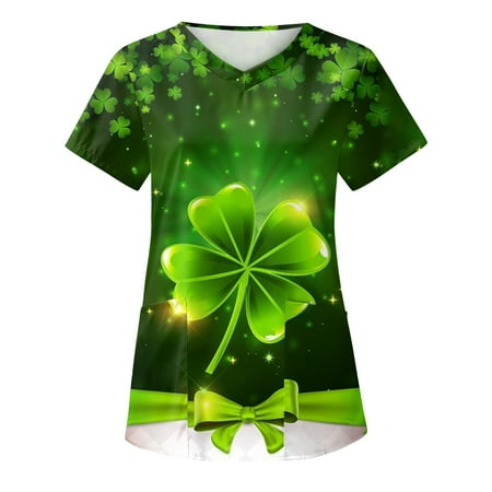 

Women Scrubs Top Nurses Clothing Workwear Working Uniform T-Shirt Fashion Printed Short Sleeve Leisure Pocket V-Neck T-Shirt Top