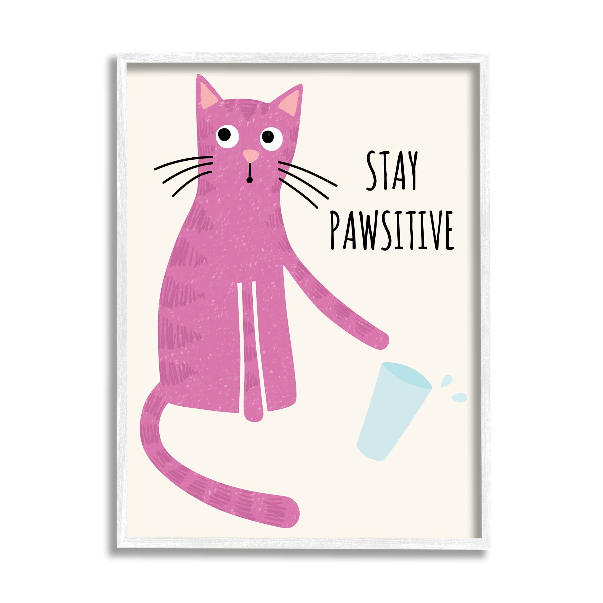 Stupell Industries Stay Pawsitive Endearing Pink Cat Knocking Over Glass Graphic Art White Framed Art Print Wall Art, Design by Jennifer Wambach