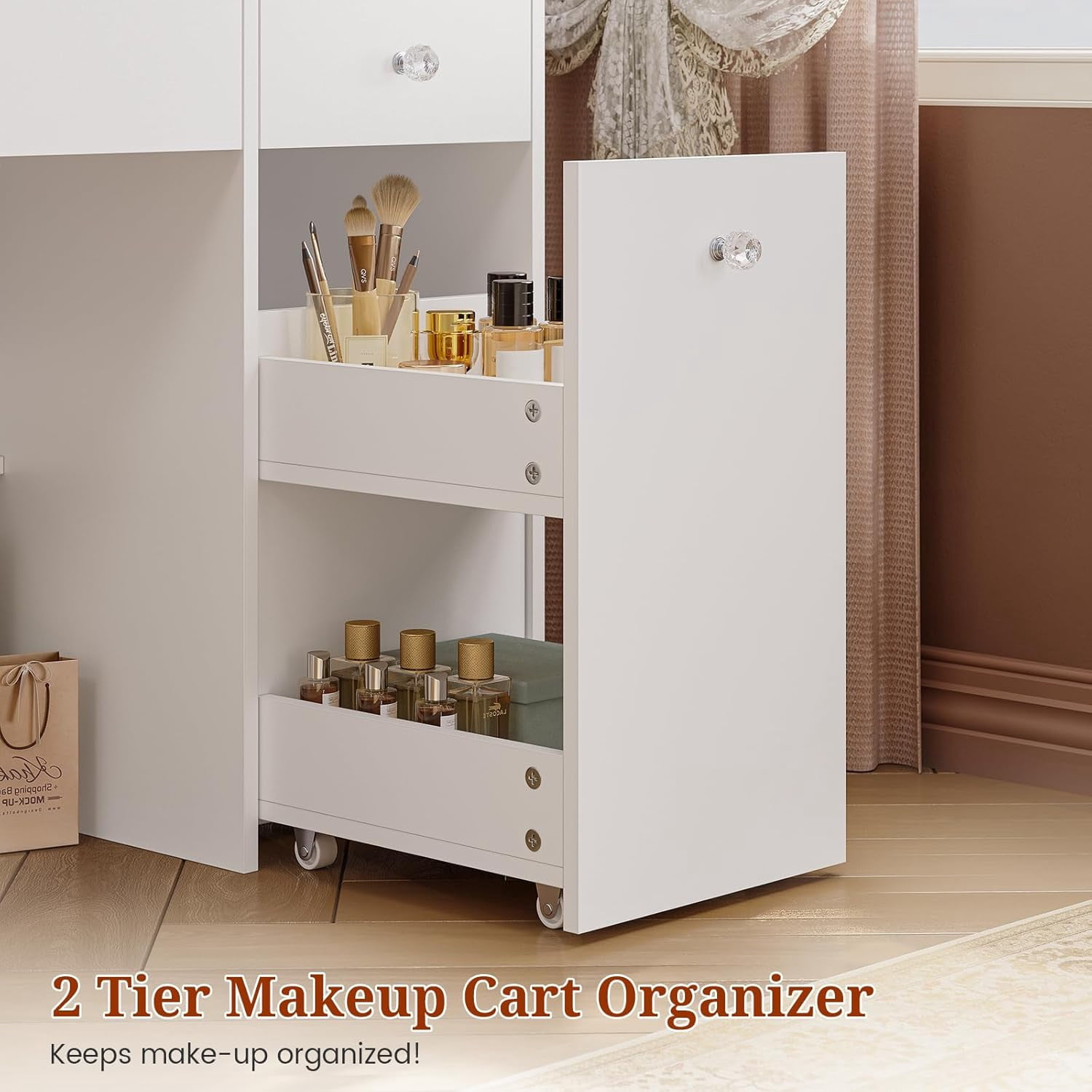 47.2“ Large Vanity Desk with Mirror and Lights,Power Outlet,7 Drawers,Pull-Out LED Mirror with 3 Light Modes,Brightness Adjustable,Rolling Makeup cart,Crystal Handles, hairdryer Rack,White