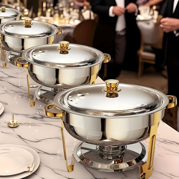 2/4 Pack 6/9QT Golden Stainless Steel Round Chafing Dish Set - Hot/Cold Food Warmer for Gatherings/Banquet/Wedding/Party (Cooking Only)