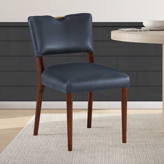 Midnight Blue Faux Leather Dining Chairs - 2-Pack with Gold Handle and Walnut Base
