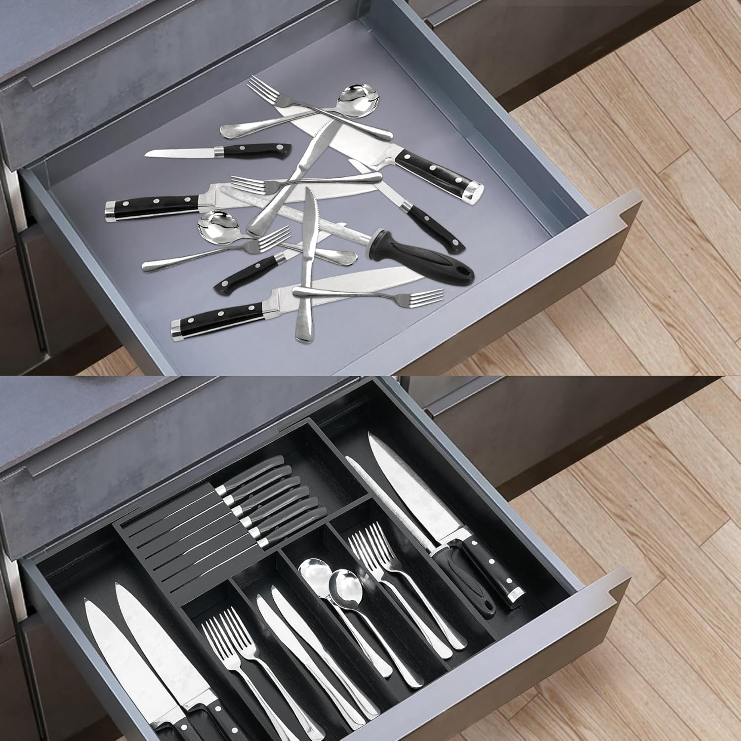 Utoplike Premium Bamboo Silverware Drawer Organizer, Expandable Utensil Tray with Removable Knife Block, 5-7 Compartments for Flatware (Black)