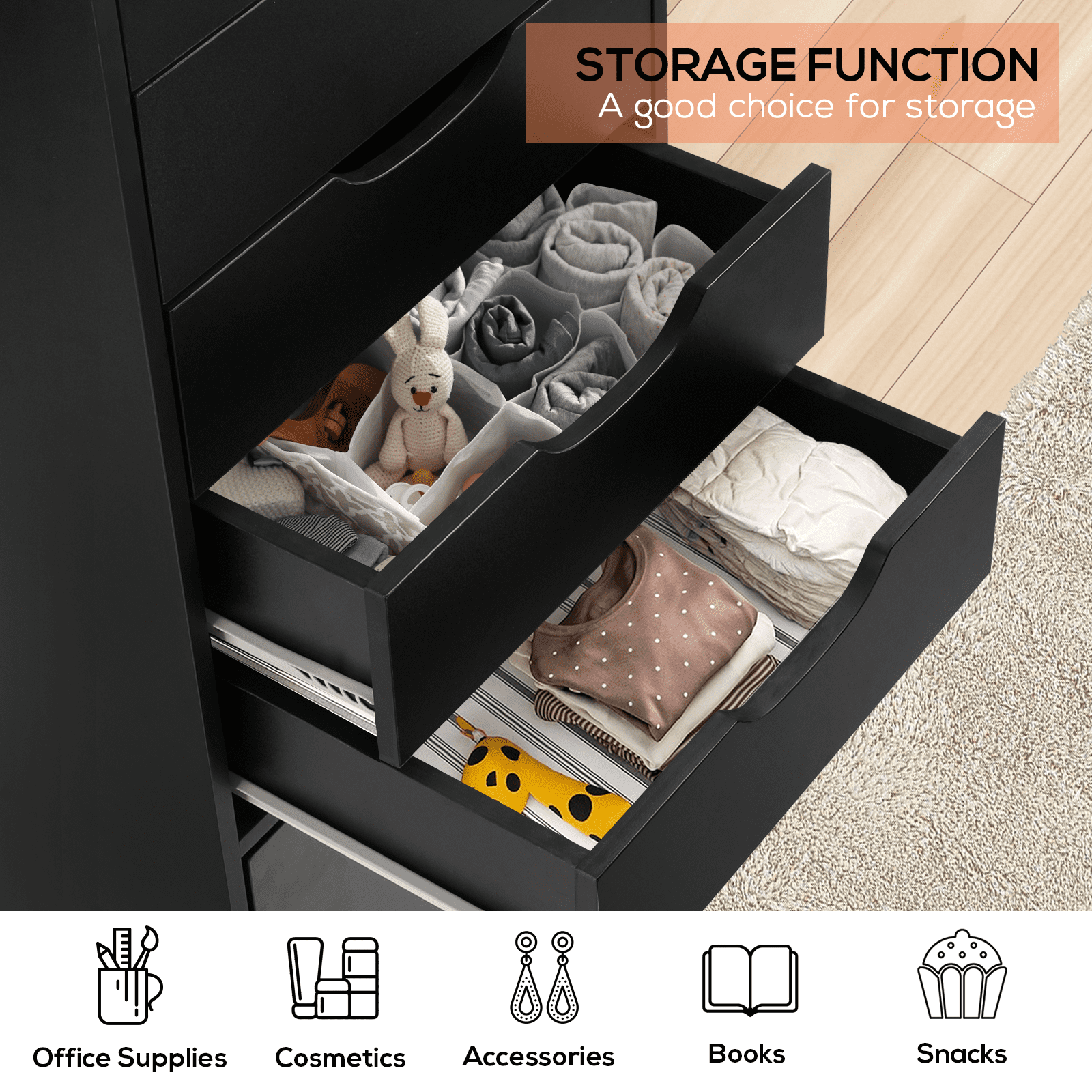 RichYa Mobile File Cabinet,Rolling Storage Drawers on Wheels,5-Drawer Storage Organizer Chest for Home Office (Black)