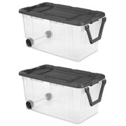 160 Quart Plastic Rolling Stacker Box, Lidded Stackable Storage Bin Container for Home, Garage, and Camping, 2-Pack, Clear Base & Gray Lid