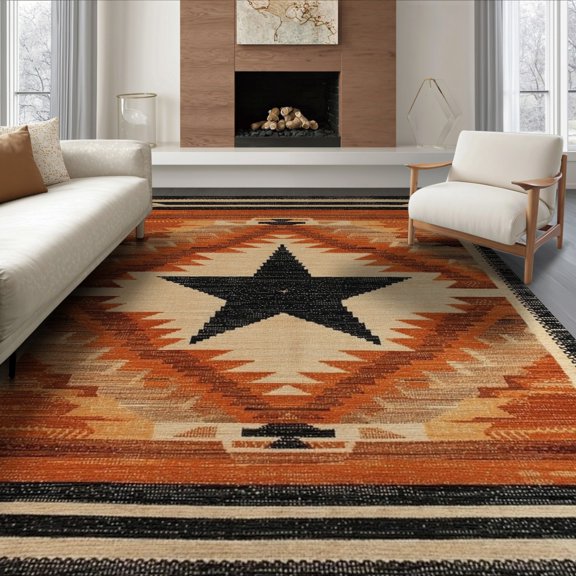 ODIKA 8'x10' Washable Area Rug Hooks Motif Cowboy Southwestern Round Runway Themed Trailer Minded for King Size Bedroom Under Bed, Master Suite, Non-Shedding, Easy Care