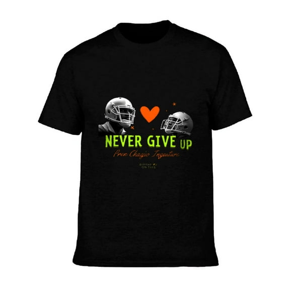 Men's Cotton Short Sleeve T-Shirt with Football Heart Design - " NEVER GIVE UP " Graphic Tee - Pete Chargier Aquarium