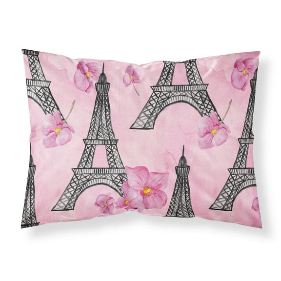 Watercolor Pink Flowers and Eiffel Tower Fabric Standard Pillowcase