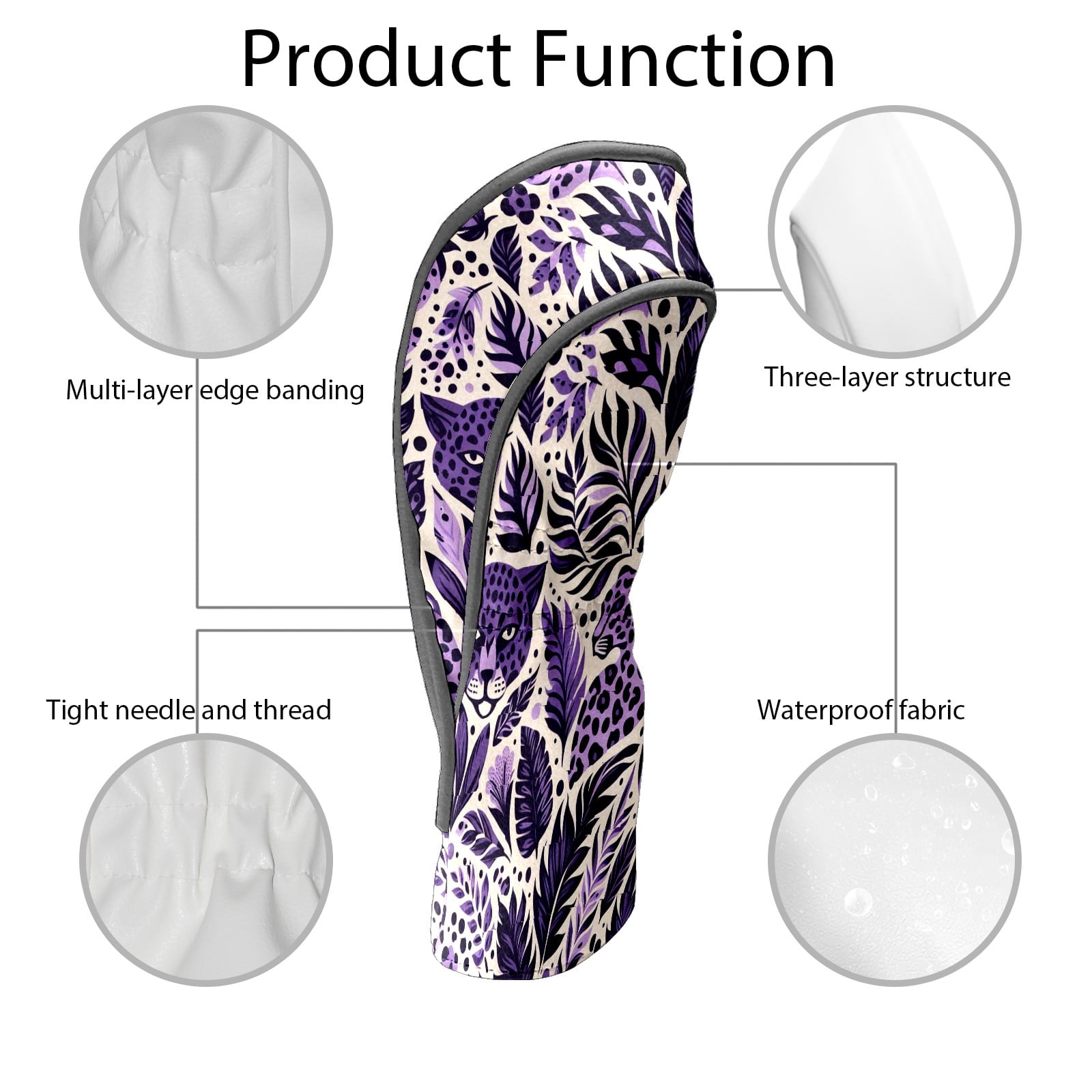 Golf Club Covers, Purple LeopardPlant Premium PU Leather Driver Hybrid Putter Head Covers with Velvet Lining, Waterproof Golf Gifts for Men Women