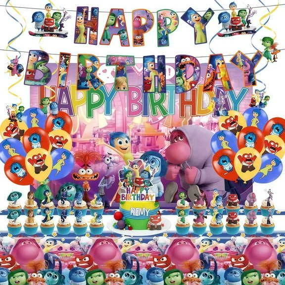 Inside Out themed birthday party supplies decorations, set includes birthday banners, backdrops, tablecloths, balloons, hanging swirls, cake decorations, suitable for boys and girls birthday parties