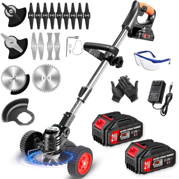 Cordless Electric Weed Trimmer with 2 21V 2.0Ah Batteries and 4 Blade Types