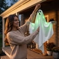 thumbnail image 7 of Halloween Hanging Light up Ghost, 28"x25" White Ghosts with Green LED Light Halloween Hanging Decoration for Front Yard Patio Lawn Garden Party Decor Indoor Outdoor(A), 7 of 7