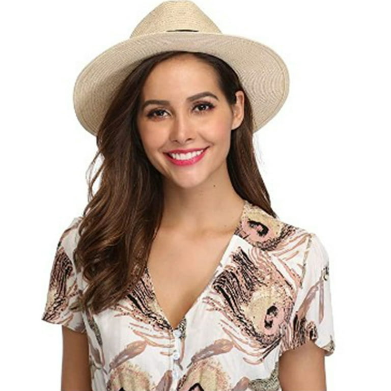 Anycosy Panama Straw Hat,Womens Sun Hats Summer Wide Brim Floppy Fedora Beach  Cap UPF50+（A01-Beige）