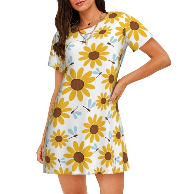 Fotbe Sunflowers Bata de Dormir para Mujer con Estampado, Camisón de Algodón de Manga Corta, Ropa de Dormir Casual